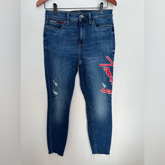Tommy Hilfiger High Rise curve legging Denim Blue Jeans with Red TOMMY size 8 - Picture 2 of 5